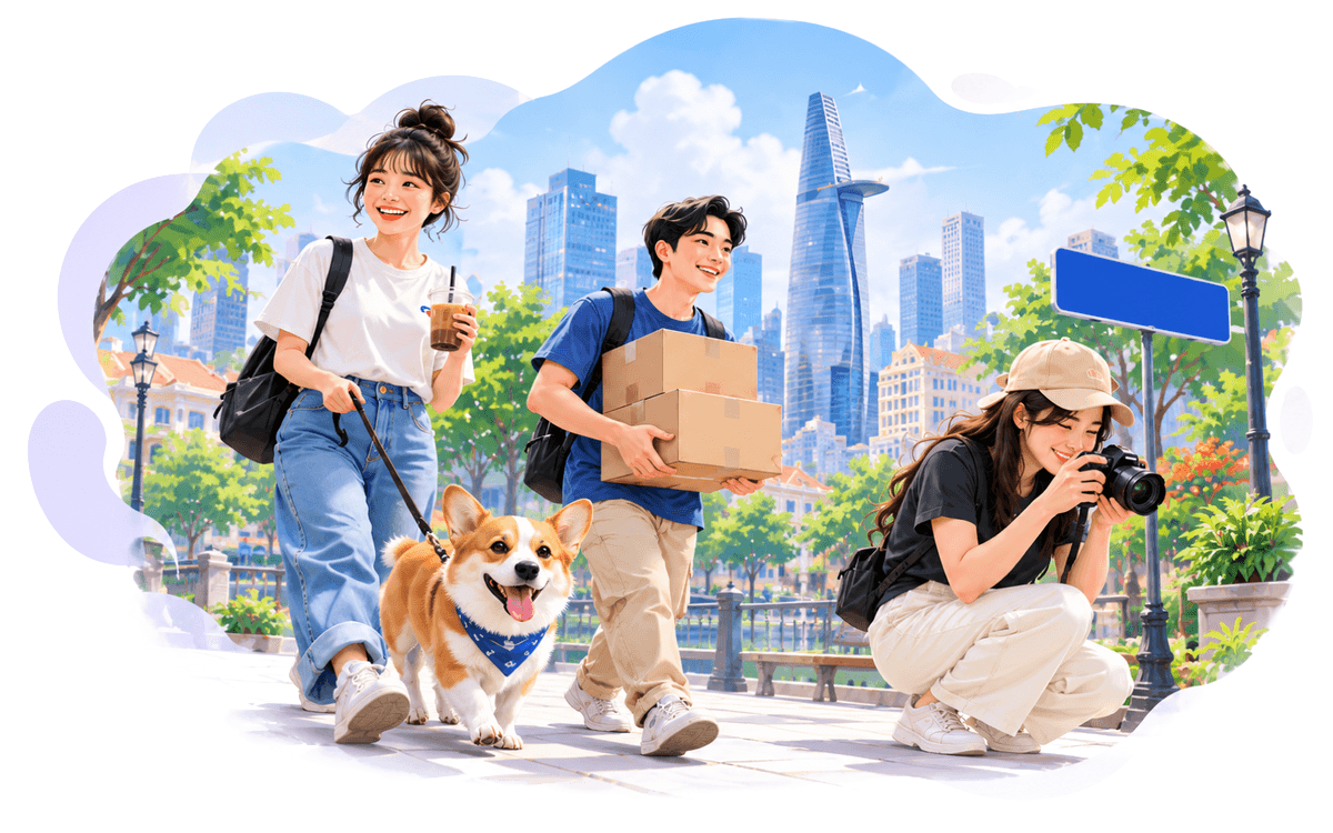 Các bạn trẻ dắt chó, chuyển đồ và chụp ảnh sản phẩm ở TP.HCM